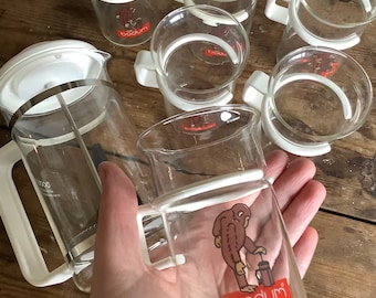 Bodum monkey cups with French press, six glass mugs with white plastic handles with cute monkey silkscreen on glass, star trek TNG tea cups
