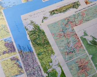 Vintage atlas maps lot, 17 pages for journals craft collage, paper junk glue book, scrapbooking, paper pack, fold envelopes, make cards