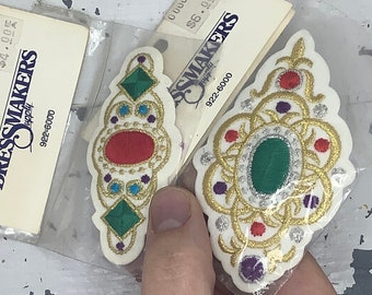 Gold embroidered patch elegant gemstone jewellery style appliqués for fancy faux fur coat, hair clip, Jean jacket, iron on new old stock