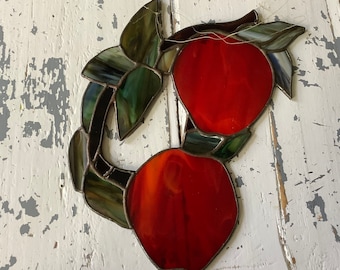 Red apple stained glass window hanging handmade cherry red summer fruit 10” sun catcher Art for kitchen window gift for mom wife sister