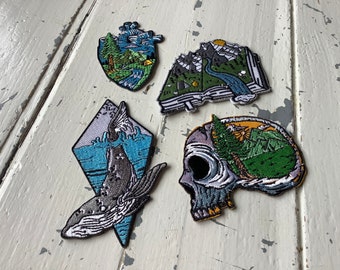 New Travel adventure iron on patch, camping skull anatomical heart, open book landscape, jumping whale badge for Jeans, jacket, backpack