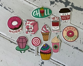 vinyl stickers - pack of 10 pvc cute food stickers to use on your laptop, bike, binder, phone, helmet, guitar or skateboard. Donut coffee