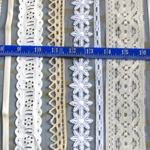 Vintage white lace sampler, mixed pack of 12 pieces of vintage lace, ribbon, trim, 24 each piece, destash sewing scrapbook art trim image 5