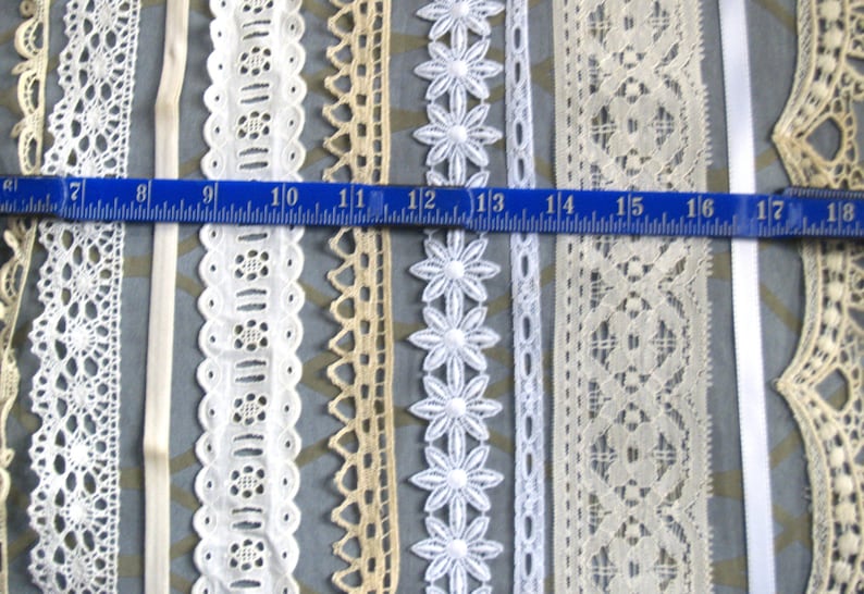 Vintage white lace sampler, mixed pack of 12 pieces of vintage lace, ribbon, trim, 24 each piece, destash sewing scrapbook art trim image 5