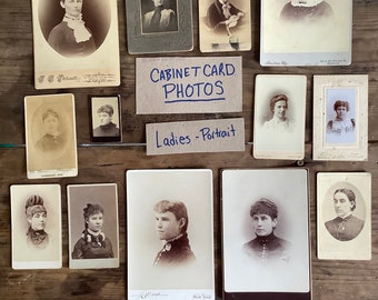 Pick One old photo cabinet card, woman’s portrait vintage 1900s black and white photograph to display, choose your own fake family ancestors