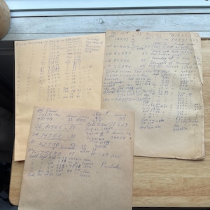 Könnte beinhalten: Eine Sammlung handschriftlicher Finanzunterlagen auf gealtertem Papier. Die Dokumente weisen Spalten mit Zahlen und Text auf, die wahrscheinlich Transaktionen und Daten detailliert darstellen. Das Papier hat einen gelblichen Farbton, der auf Alter und historische Bedeutung hindeutet.