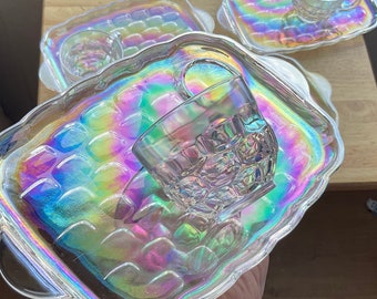 Vintage Federal glass Iridescent 8 pc Snack Sets Thumbprint Yorktown Colonial, rainbow cup plate tray luncheon sandwiches squares tea coffee