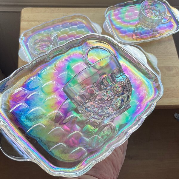 Vintage Federal glass Iridescent 8 pc Snack Sets Thumbprint Yorktown Colonial, rainbow cup plate tray luncheon sandwiches squares tea coffee