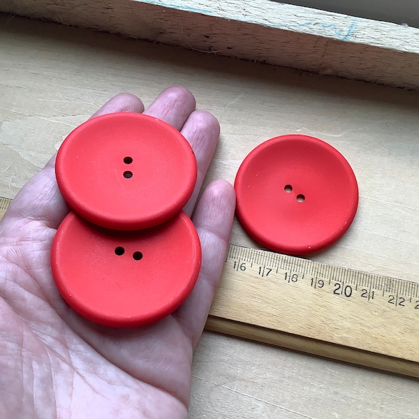 Big red coat buttons, 3 large flat matte matching 5cm vintage plastic satin texture collectible, sweater purse closure 1960s nos