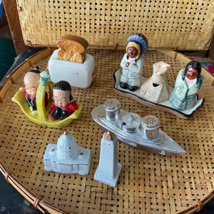 Novelty salt pepper shakers people travel CHOOSE 1, maruri Japanese boy girl, native tee pee, Washington monument, steam boat, toaster