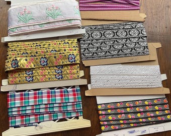 Vintage ribbon roll CHOOSE ONE embroidered flower woven silver tinsel pattern, pink purple cotton fruit cherries 2 3 4 yards