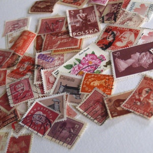 Vintage red stamps lot 50 mixed Canada and world used postage for paper collage junk journal handmade Christmas ornaments fall kids crafts image 4