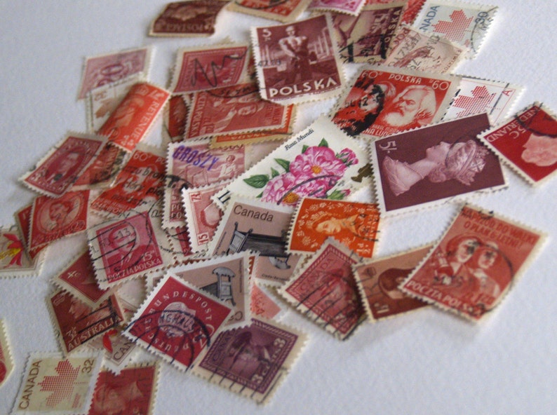 Vintage red stamps lot 50 mixed Canada and world used postage for paper collage junk journal handmade Christmas ornaments fall kids crafts image 4