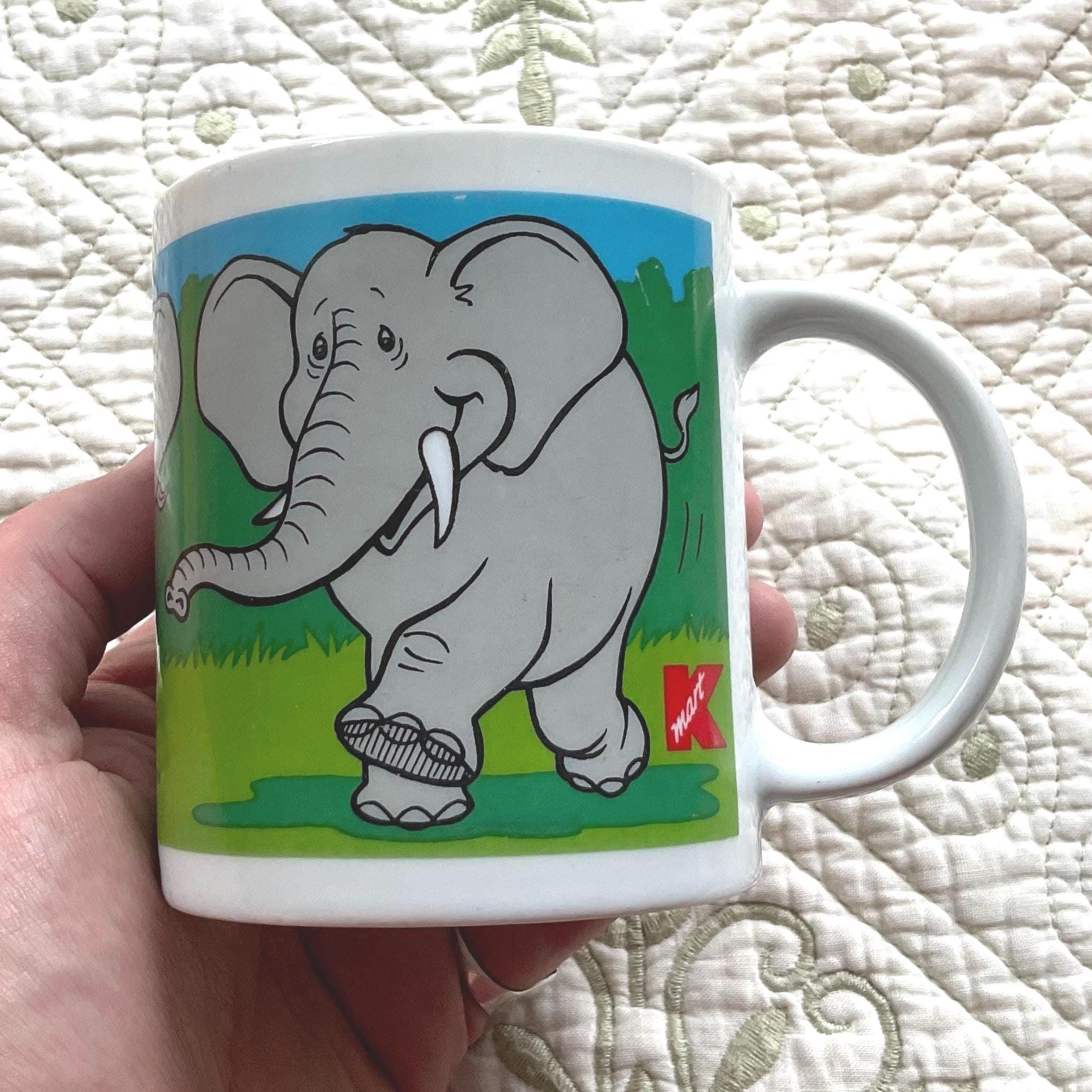 Vintage Kmart Ceramic Mug Vintage 1980s Safari Line Dancing Elephants Store  Logo Cute Funny Cartoon Work Gift Secret Santa Animal Lover 12oz