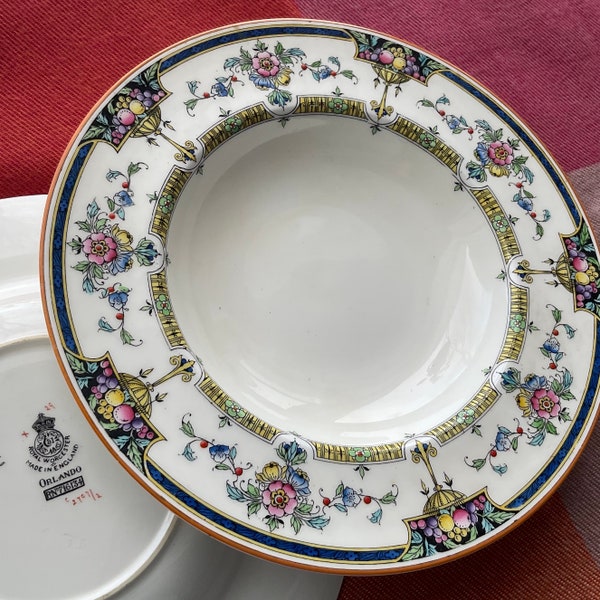 Royal Worcester England Island 9 ”Suppe Pasta Teller gelb blau rosa 2 teiliges feines Porzellan Porzellan flaches Geschirr umrandete Schüssel ungewöhnliche Farbe