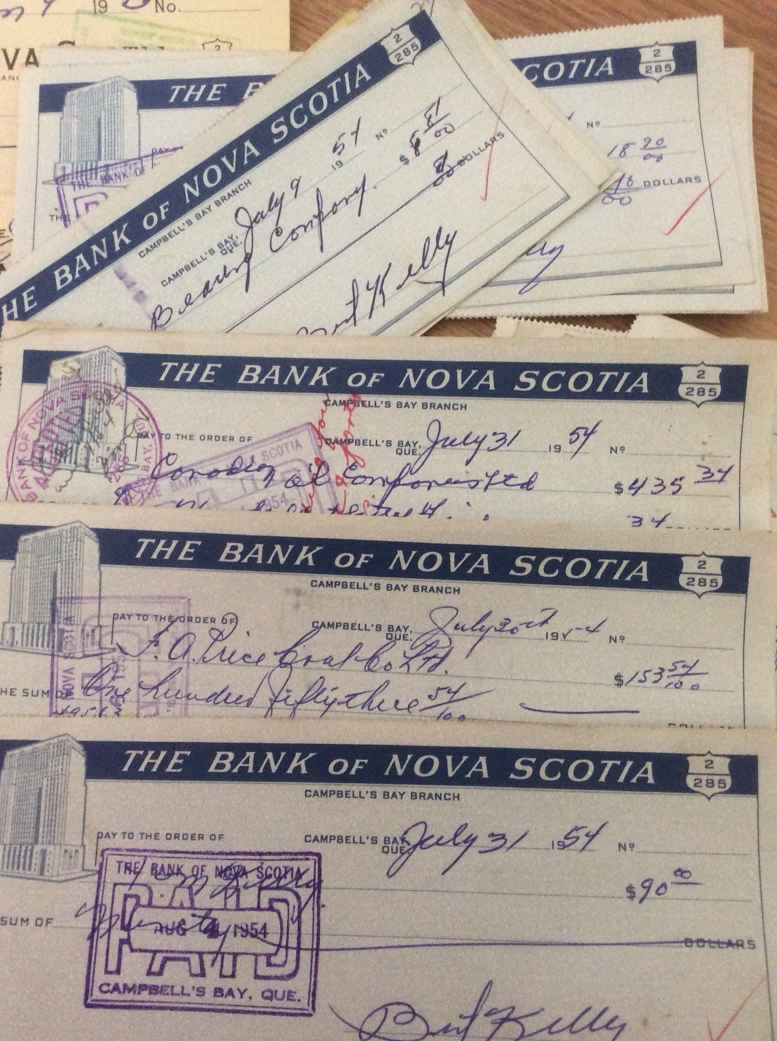 Vintage Cheques 30 Mixed Color 1950s Canadian Campbells Bay Quebec With ...