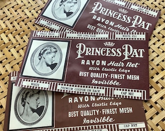 Lote de rede de cabelo rayon dos anos 1930, 3 cores, Princesa Pat em envelopes, cabelo longo, preto, branco, cinza, novo, antigo, estoque, arte, deco, embalagem, efêmera, colagem, arte