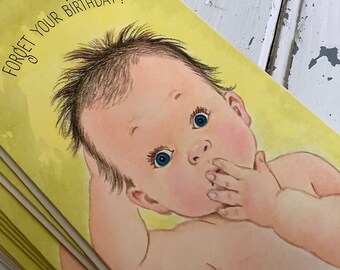 Vintage cute Gibson greeting card, belated birthday, thinking of you, Irresistibles brand funny baby new old stock, free shipping USA Canada
