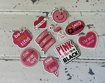 vinyl stickers pack of 10 cute pvc pink stickers to use on your laptop, bike, binder, phone, helmet, guitar or skateboard, party cup decor