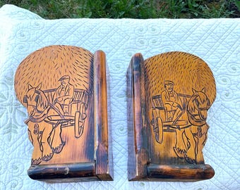 70s folk art wooden book ends handmade primitive vintage pyrography wood burning farmer horses cottage cabin rustic Father’s Day gift dad