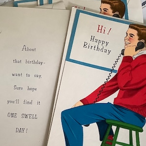 Adolescente en la ilustración del teléfono, tarjeta de cumpleaños vintage de la década de 1970, arte retro happy days boomer, nuevo stock antiguo, envío gratuito EE.UU. Canadá