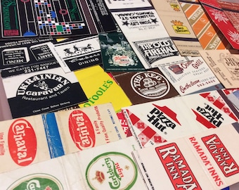 Vintage matchbook covers, lot of 45 mixed, casino restaurant hotel advertising 1970s 80s, Ramada Sheraton mgm grand, Pizza Hut, bars pubs
