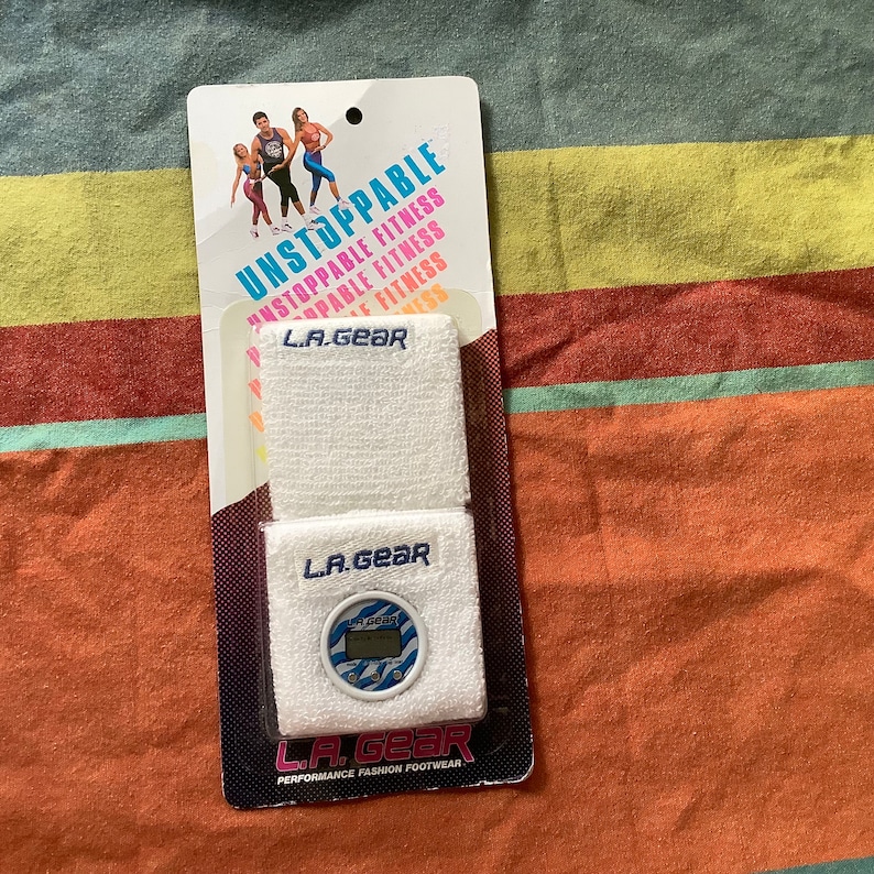 LA Gear unstoppable digital sport watch vintage 90s on wrist sweat band for exercise running cycling in original package 80s fitness image 1