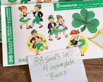 Dennison seals, lot of 88 Irish St. Patrick’s day themed gummed stickers, vintage die cuts, in 4 incomplete books. Use for crafts, letters,