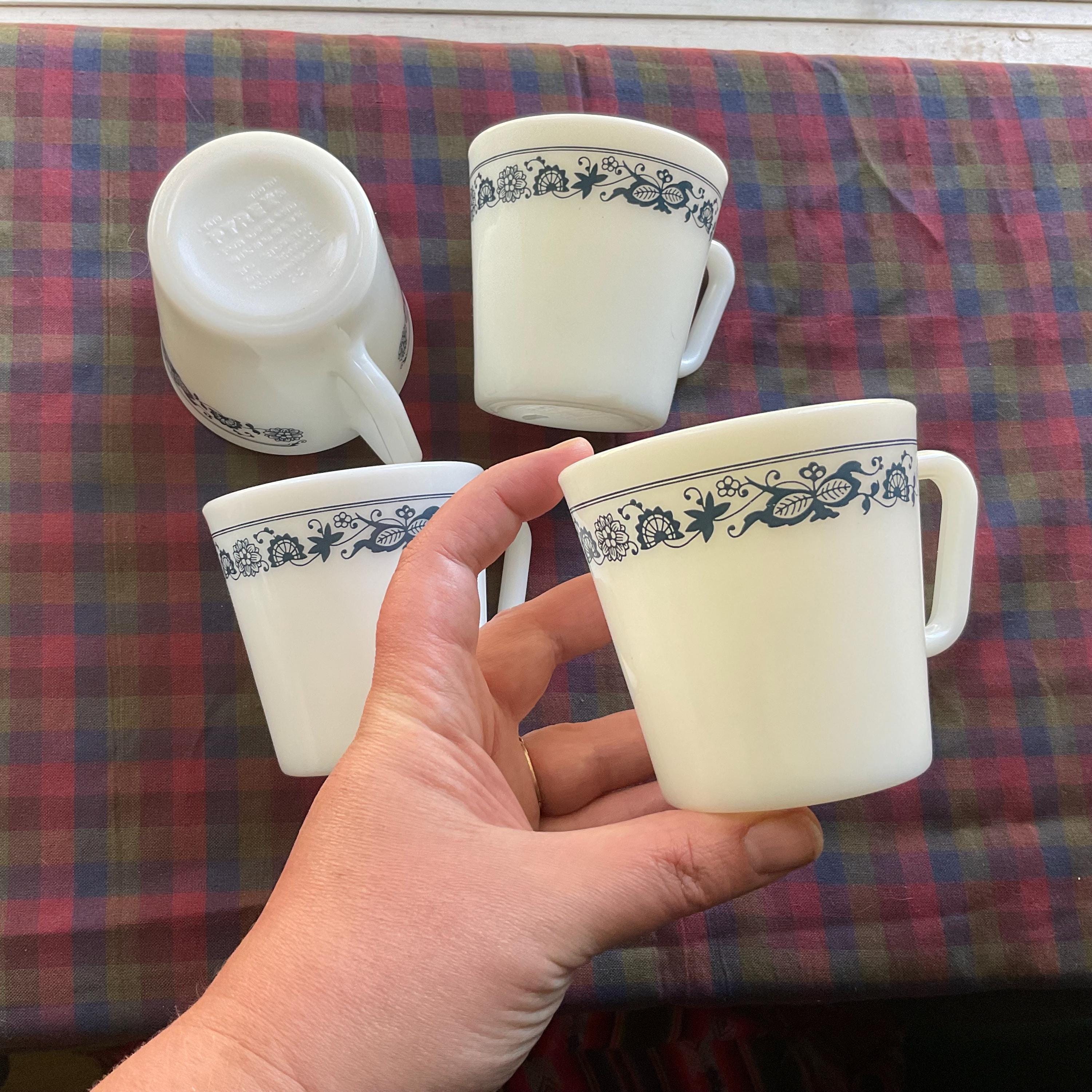 Vintage Pyrex Mugs Lot of 4 Milk Glass CHIP Blue Onion Pattern