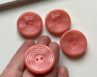 Pink coat buttons set 4 med large modern fancy matching vintage glossy plastic texture collectible 2 hole sweater purse closure 1960s nos