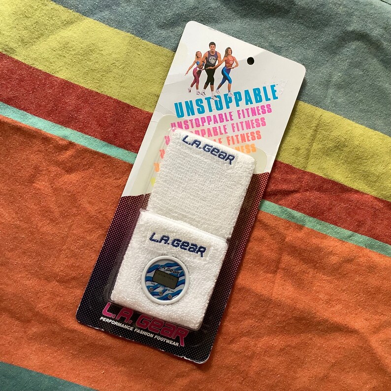 LA Gear unstoppable digital sport watch vintage 90s on wrist sweat band for exercise running cycling in original package 80s fitness image 2