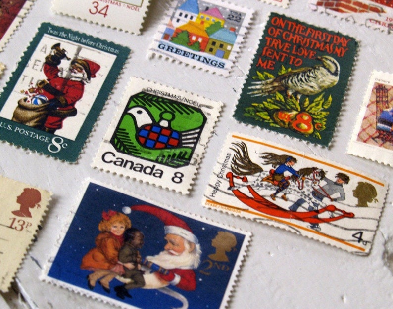 May include: A collection of vintage Christmas stamps featuring various holiday themes, including a dove, Santa Claus, a rocking horse, and a bird. The stamps are from different countries, including Canada and the United States. The stamps are in various colors, including red, green, blue, and white.