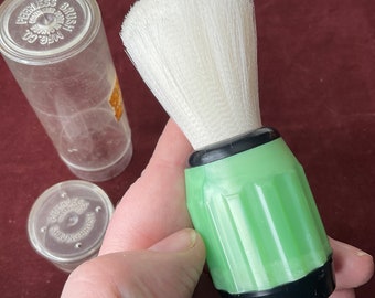 Peerless shaving brush mfg celluloid handle green iridescent swirl plastic vintage NIB never used perfect white nylon bristles storage tube