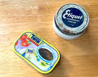 Vintage tin and antique jar pair, sugar twin and Etiquette cream deodorant milk glass with lid, miniature storage sewing kit lot