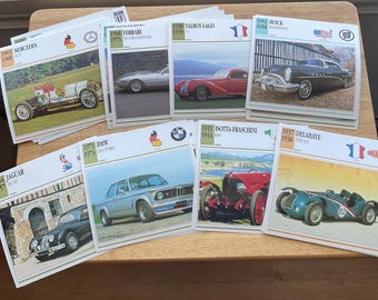 Vintage classic car collector cards lot 20 random atlas editions 1980s stats jaguar ferrari bugati peugot ford collage art junk journal book