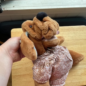 May include: A plush brown dog toy with a black nose and floppy ears. The dog is wearing brown floral print shorts. The toy is being held by a person.