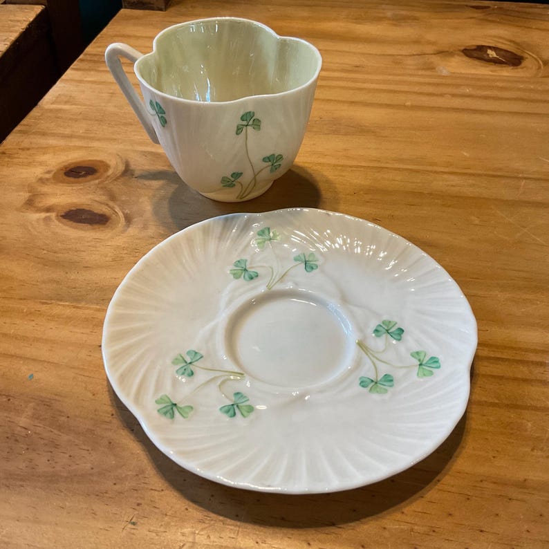 Vintage Belleek Ireland Porcelain Tea Cup Saucer With Lucky Irish