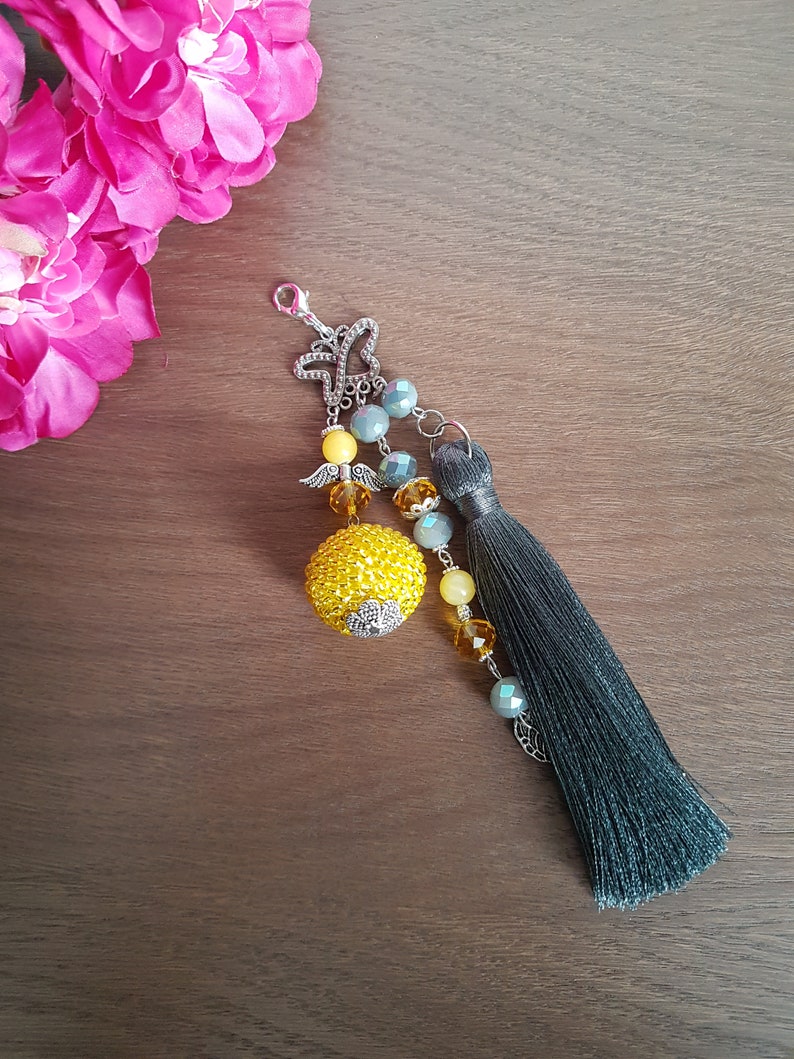 black yellow blue red Beaded tassel keychain or charms for bag with Angel green