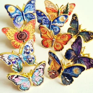 VAN GOGH Butterfly Pins Set, Starry Night, Sunflowers & Art Story Badgrs Broches