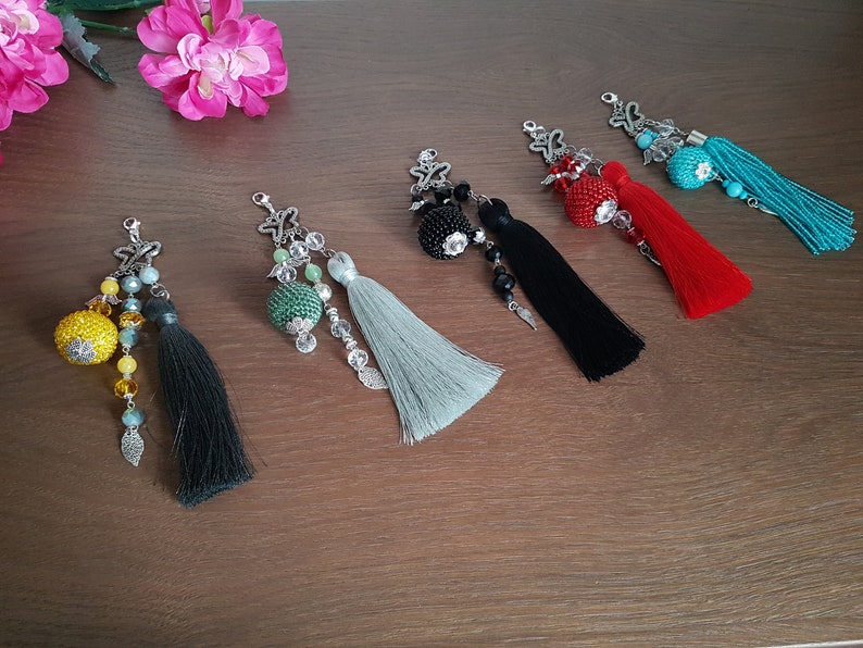 black yellow blue red Beaded tassel keychain or charms for bag with Angel green