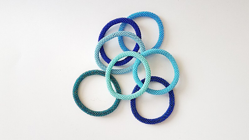 Everyday Bracelet Statement Bracelet Blue Electric Blue Greenish Blue Green Cerulean Sky Roll Beaded Crochet Rope Bracelet