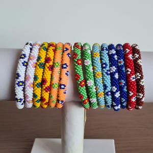 Crochet Rope Bracelet, Nepal Style Bracelets with flowers, Roll on Bracelet, Solid Colors, All Sizes Bangle