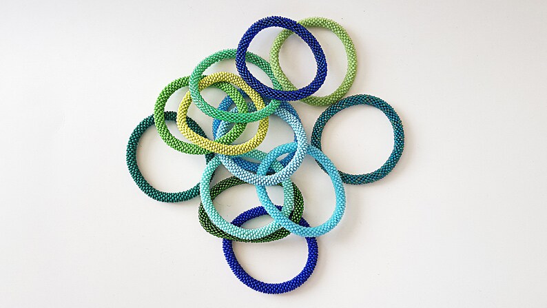 Everyday Bracelet Statement Bracelet Blue Electric Blue Greenish Blue Green Cerulean Sky Roll Beaded Crochet Rope Bracelet