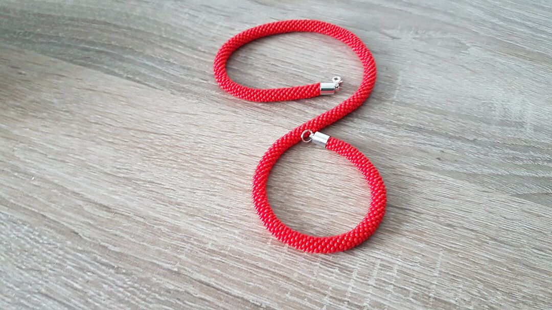 Red Glass Seed Bead Crochet Rope Statement Necklace Etsy