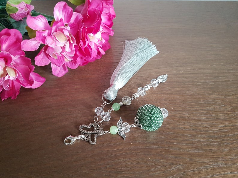 black yellow blue red Beaded tassel keychain or charms for bag with Angel green