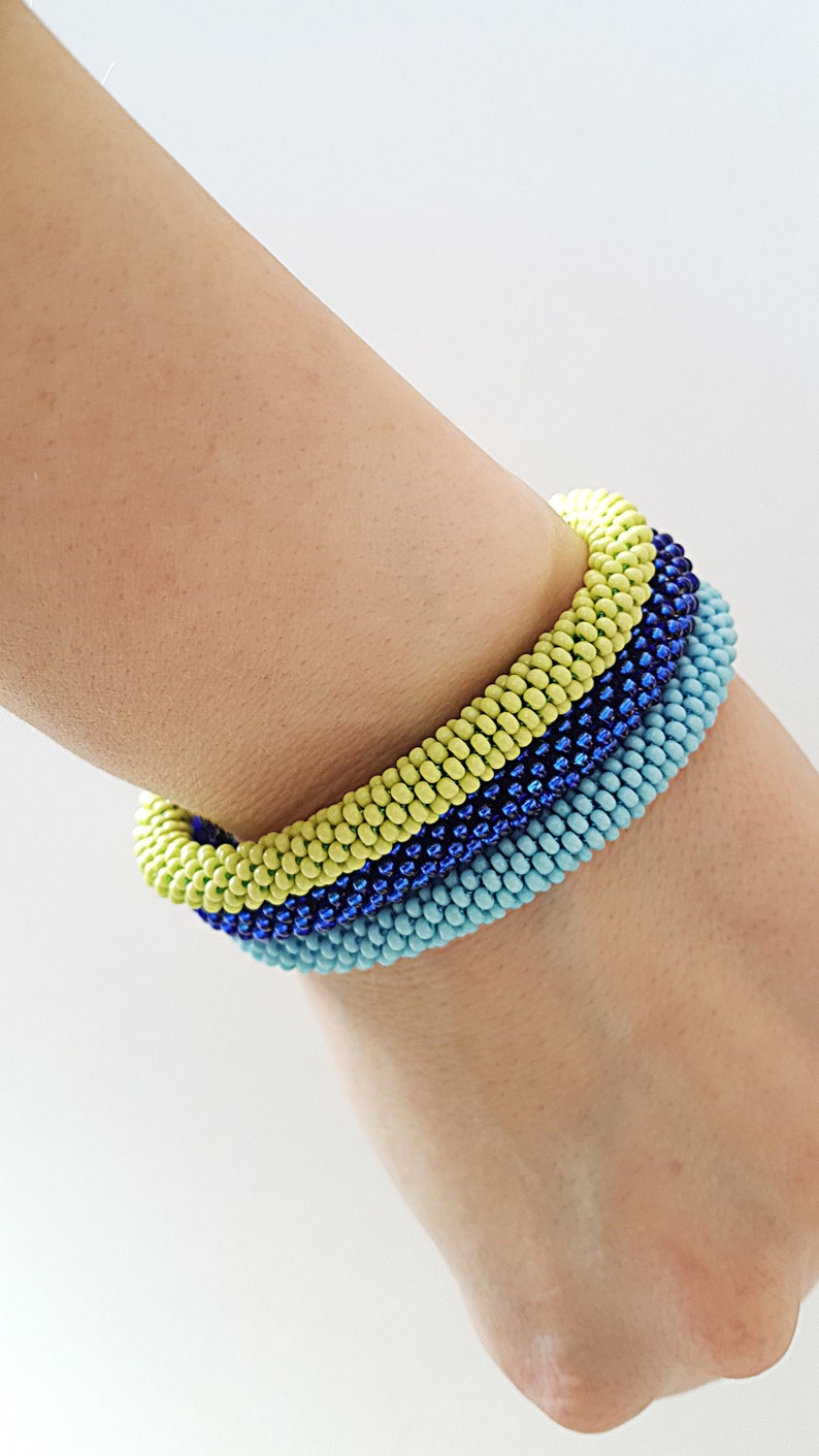 Everyday Bracelet Statement Bracelet Blue Electric Blue Greenish Blue Green Cerulean Sky Roll Beaded Crochet Rope Bracelet