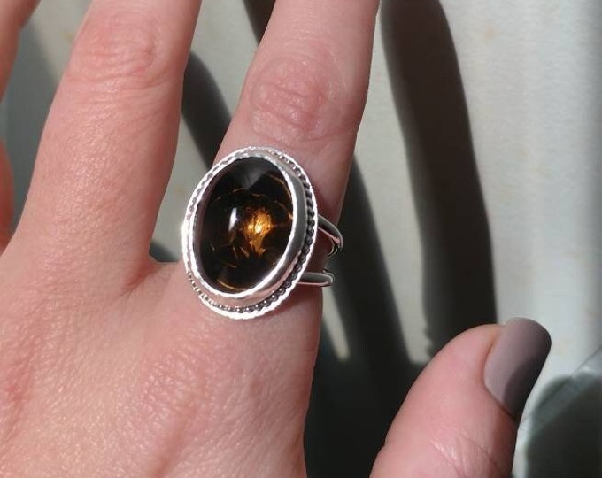 Sterling Silver And Smoky Quartz Ring With Poppy Flower Engraving