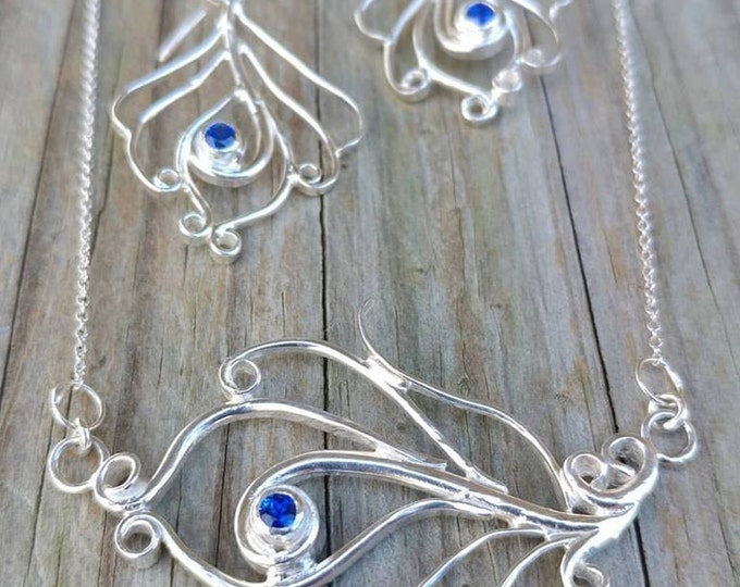 Peacock Feather Necklace and Earring Set With Blue Sapphire