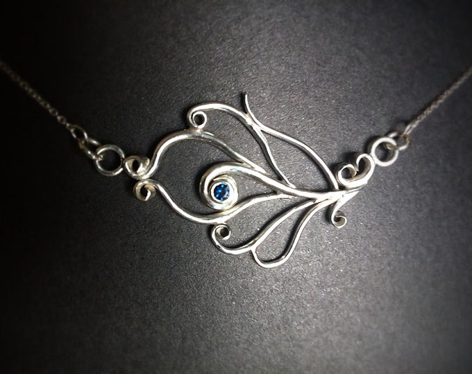 Silver Feather Necklace with Sapphire