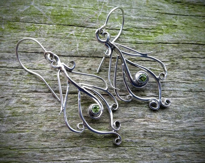 Peacock Feather Earrings with Peridot